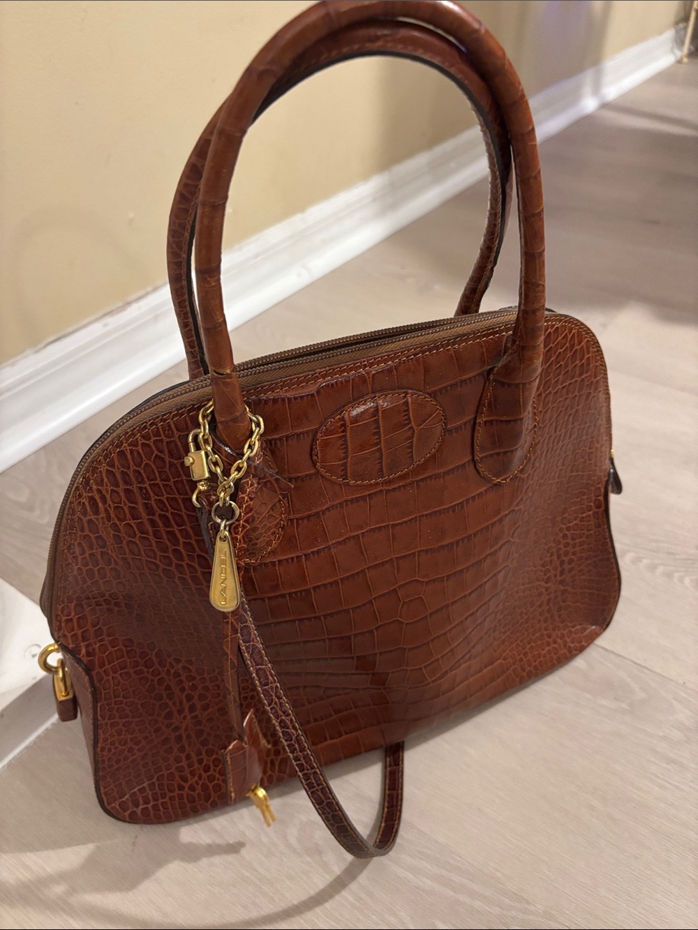 Croc-Embossed Structured Satchel in Brown